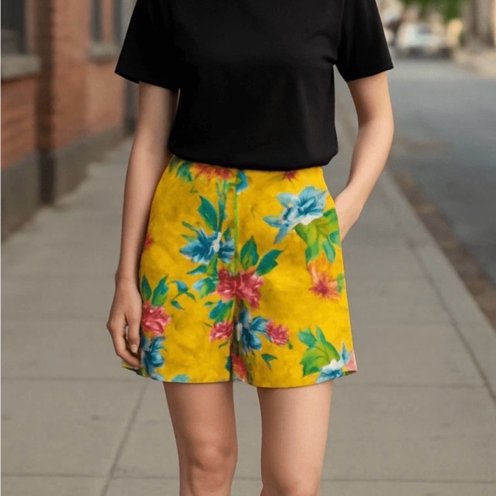 Lauren Ralph Lauren 100% Linen Yellow Tropical Floral Shorts Womens Sz. 8
